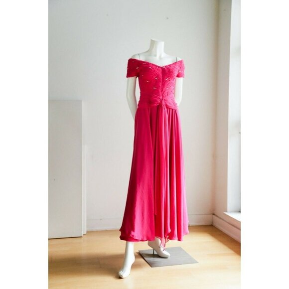 Vintage Pink Gathered Ruched Bodice Off The Shoulder Chiffon Gown w rhinestones - Picture 3 of 12
